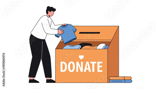 Person donating clothing to charity with a cardboard box labeled donate filled with clothes and other items