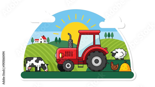 Farm Scene with Tractor, Cow, Sheep, Chicken, and Hay Bale under Sunny Sky
