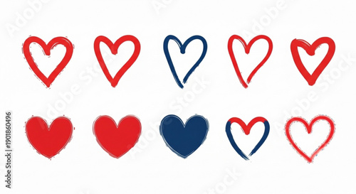 Hand drawn hearts in red and blue on white background for love and valentine's day concepts
