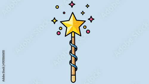 Golden Star Magic Wand with Swirling Ribbon and Sparkles on Light Blue Background