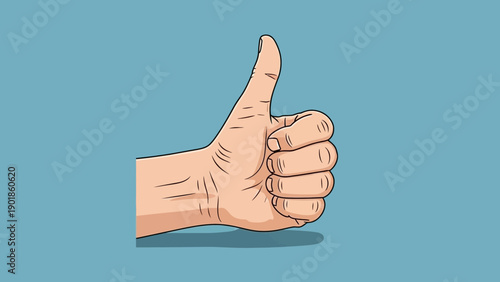 Hand thumbs up gesture, pixel art style, approval, positive choice, blue background