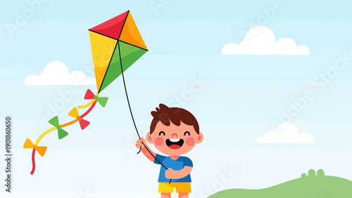 Happy Boy Flying Colorful Kite Outdoors on Sunny Day