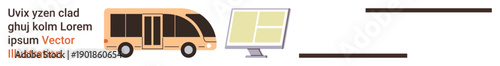 Public transit, technology, transportation systems, digital signage, urban planning, connectivity. A bus alongside a computer monitor. Public transit and digital signage concept