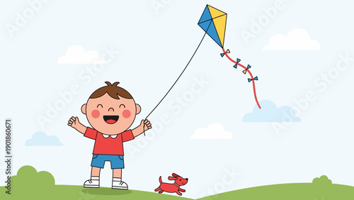 Happy boy flying kite with dog on grassy field, cartoon style