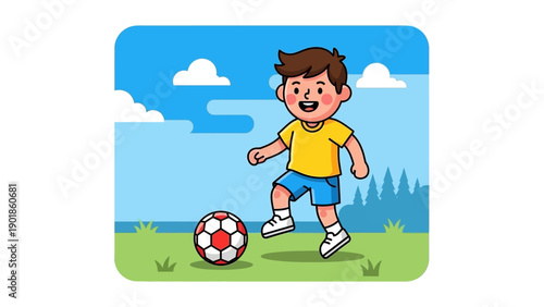Happy boy playing soccer in a park, cartoon style