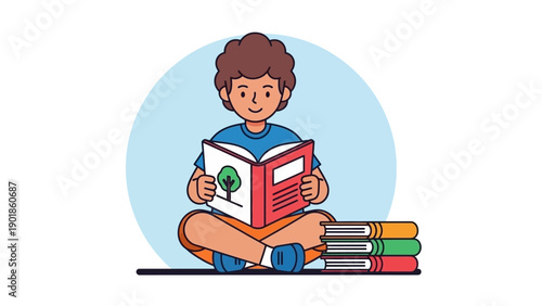 Happy Boy Reading Book, Stacked Books, Education Concept, Vector Illustration