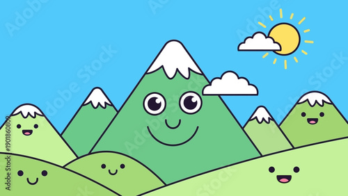 Happy Cartoon Mountains Smiling Under Sunny Sky with Clouds