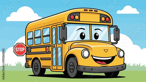 Happy cartoon school bus with stop sign on a bright sunny day