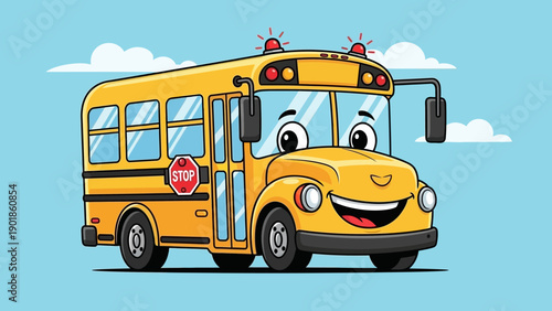 Happy Cartoon School Bus with Smiling Face and Flashing Lights on Blue Sky