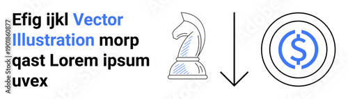 Financial strategies, decision-making, business planning, cost reduction, income analysis, corporate growth. Chess knight next to a down arrow and dollar symbol circle. Financial strategies