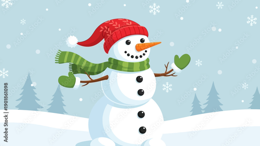 Obraz premium Happy Snowman Waving in Snowy Winter Landscape with Forest