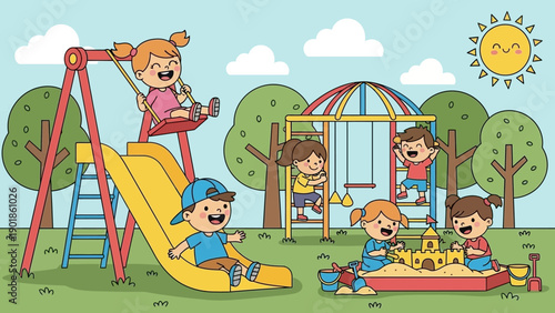Happy Kids Playing on Playground Slide, Swing, and Sandbox
