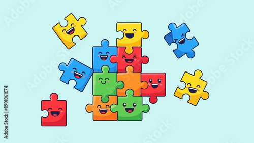 Happy Puzzle Pieces Assembled and Scattered, Teamwork Concept
