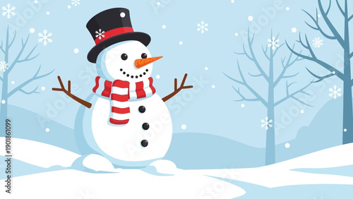 Happy Snowman Standing in Snowy Winter Landscape with Falling Snowflakes