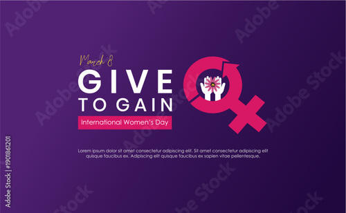 Give to Gain International Women’s Day 2026 Empowerment  Banner Design. Female symbol and giving hands icon. Ideal for women empowerment campaigns, equality events, and inspirational branding.