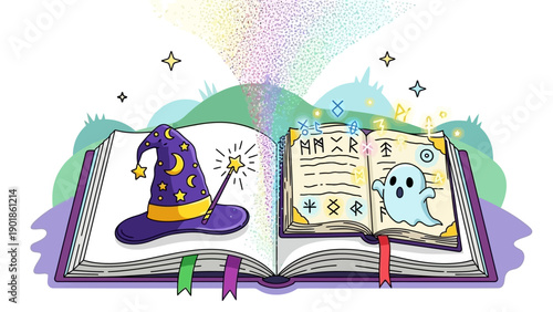 Magical Open Book with Wizard Hat, Wand, Ghost, and Rainbow Sparkles