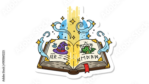 Magical spellbook with wizard hat, dragon, and arcane symbols, glowing light