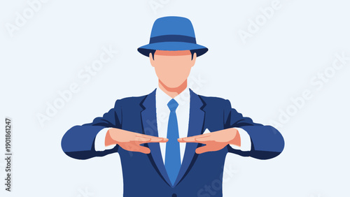 Man in blue suit and hat showing something with hands, illustration