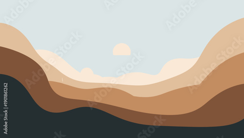 Minimalist Desert Landscape with Sun and Layers of Hills, Earth Tones