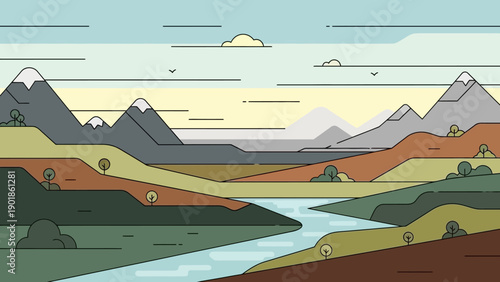 Minimalist Mountain Landscape with River and Trees - Flat Design
