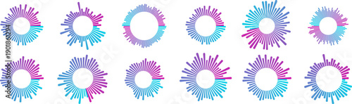 Podcast wave collection with neon gradient circular patterns and horizontal soundwaves on dark background. Audio frequency lines in cyan, blue and magenta - radial bursts and streaming podcast icons