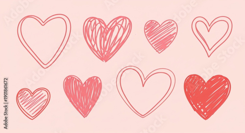 Hand drawn pink and red hearts on soft pastel background for love and valentine's day concepts