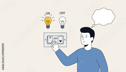 Man deciding whether to turn on or off the light switch with thoughtful expression and light bulbs above