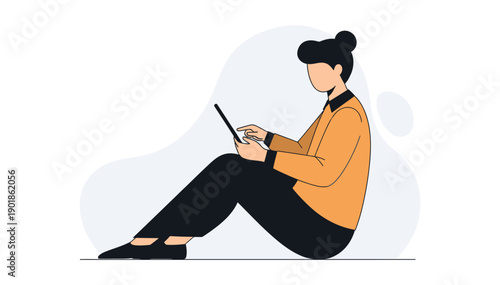 Woman sitting on floor using digital tablet with relaxed posture and focused expression in a minimalist illustration style