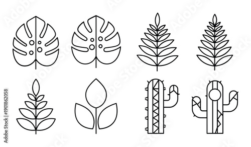 Eight Simple Black Line Various Leaf and Plant Shapes On White Background leaves plants lineart
