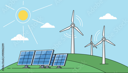 Renewable energy landscape with solar panels and wind turbines generating clean power on a sunny green hill