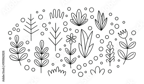 Hand Drawn Collection of Various Green Plants and Herbs with Scattered Dots leaves flowers handdrawn
