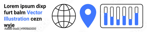Globe icon, location pin, and bar chart showcasing global reach and analytics. Ideal for technology, data insights, business growth, navigation, geolocation, education and simple landing page