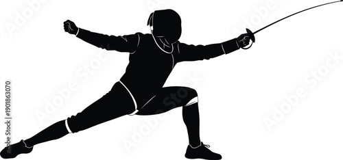 Silhouette of a fencer in a lunge position with a foil, dynamic representation of precision and agility in combat sport