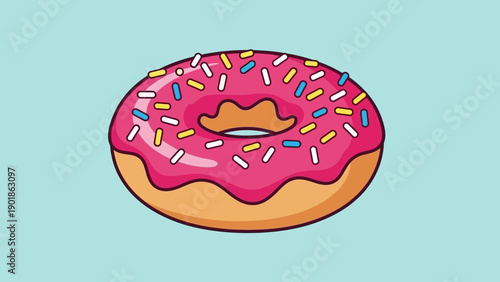 Pink Frosted Donut with Sprinkles on Light Blue Background, Sweet Treat Icon