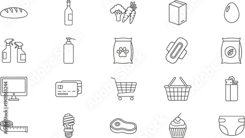 Everyday shopping and household line icons set, groceries retail products cleaning pet food electronics baby items and consumer essentials symbols