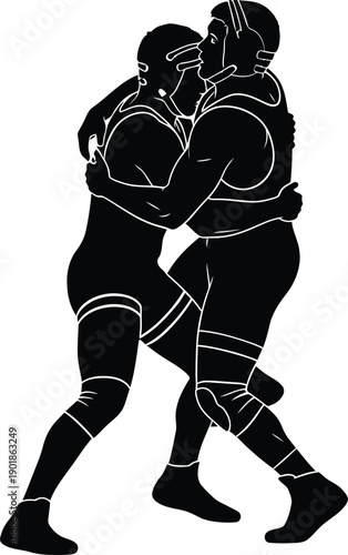 Silhouettes of two wrestlers in a close embrace during a match, demonstrating strength and technique in black and white vector art
