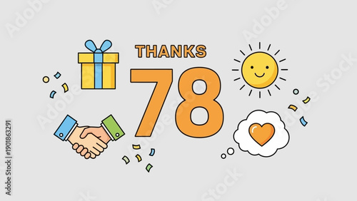 Thank You 78 Followers Celebration with Gift, Sun and Heart Icons