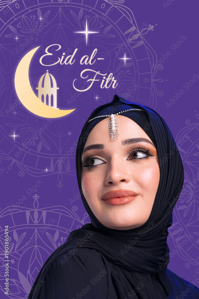 Fototapeta premium Muslim woman celebrating Eid al-Fitr during Ramadan at evening time with crescent moon