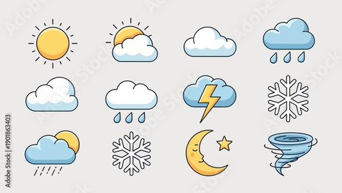 Weather Icons Set: Sun, Clouds, Rain, Snow, Lightning, Moon, Tornado