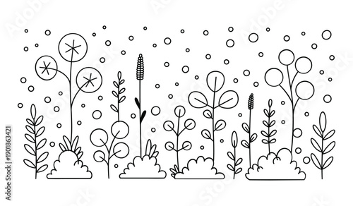 Hand Drawn Black And White Seedlings And Crossed Out Circles Growing In Dotted Soil Ground plants growth