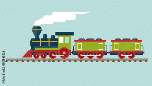 Vintage Steam Train, Locomotive, Passenger Cars, Flat Design, Transportation