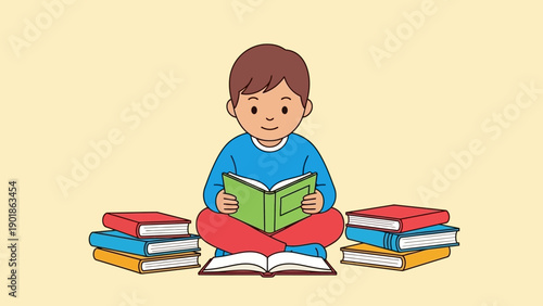 Young boy happily reading a book surrounded by stacks of books, illustration