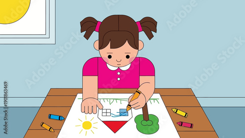 Young girl drawing with crayons on paper at a wooden desk, creative childhood activity