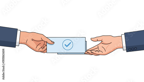 Two business professionals exchanging a ballot or form with a check mark symbolizing agreement or approval in a professional setting confidently