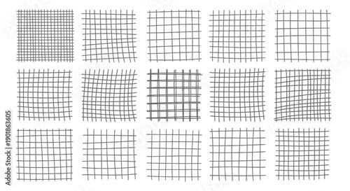 A collection of fifteen square grid patterns, some perfectly aligned and others with subtle distortions and warps.