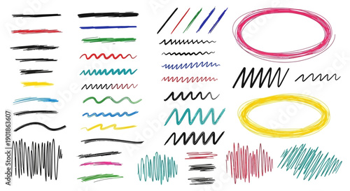 A collection of colorful hand-drawn scribbles, lines, and oval shapes in various styles and colors, presented on a white background.
