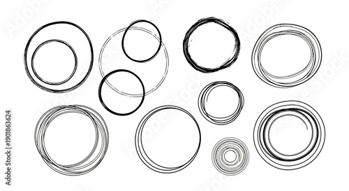 A collection of hand-drawn, sketchy circles and ovals in various sizes and thicknesses, rendered in black and white.