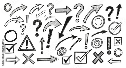 A diverse collection of hand-drawn arrows, question marks, exclamation points, checkmarks, and other symbols on a white background.