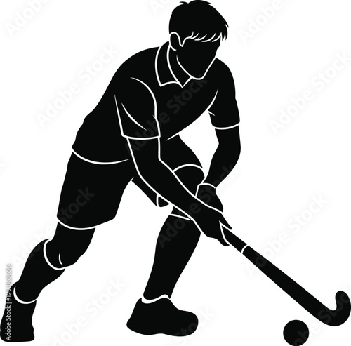 Silhouette of a field hockey player with a stick and ball, isolated on white. Sports graphic of the game.