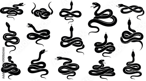 Detailed black snake silhouette collection featuring various serpents in coiled, crawling, and striking poses for wildlife and danger concepts.